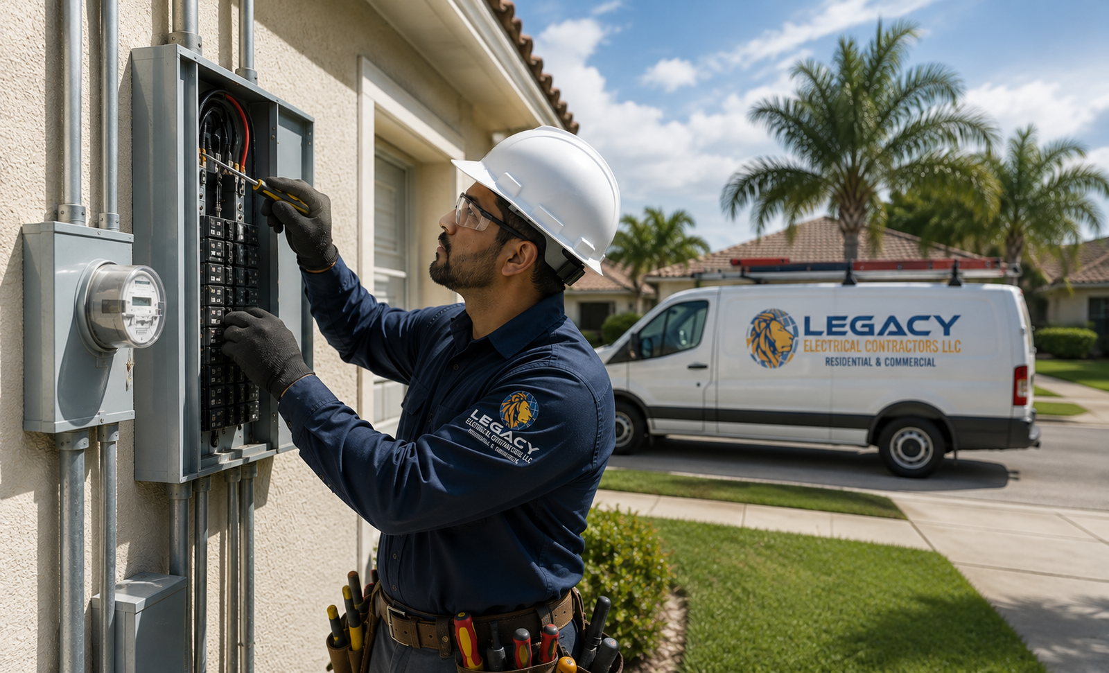 Licensed electrician installing a residential electrical panel in Miami-Dade